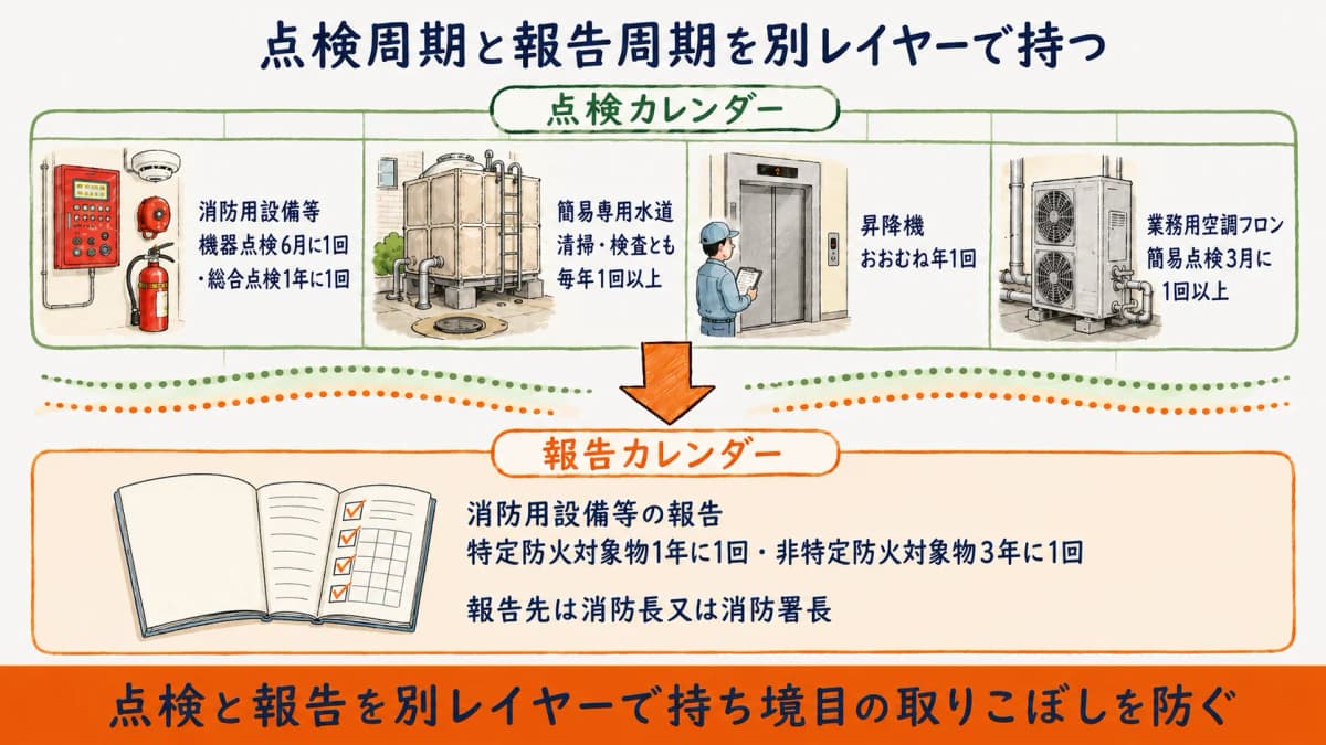 設備別の点検周期と報告周期を点検カレンダーと報告カレンダーに分けて整理した図