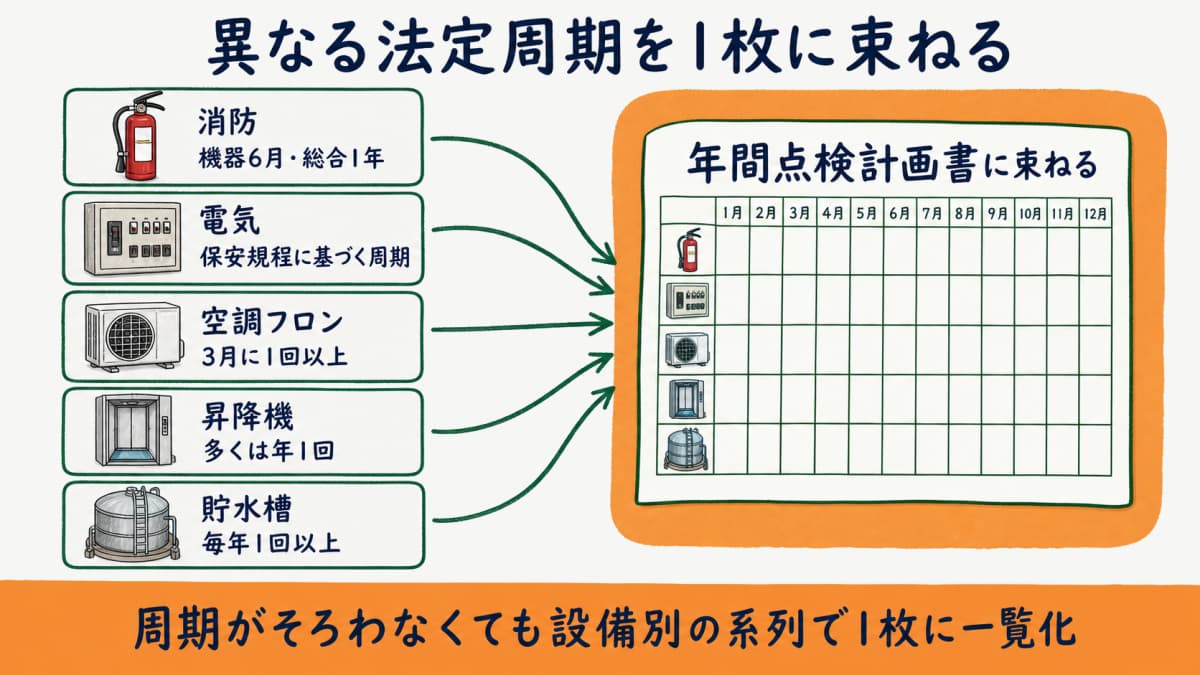 消防電気空調昇降機貯水槽の異なる法定点検周期を1枚の年間点検計画書に束ねる全体像を示した図