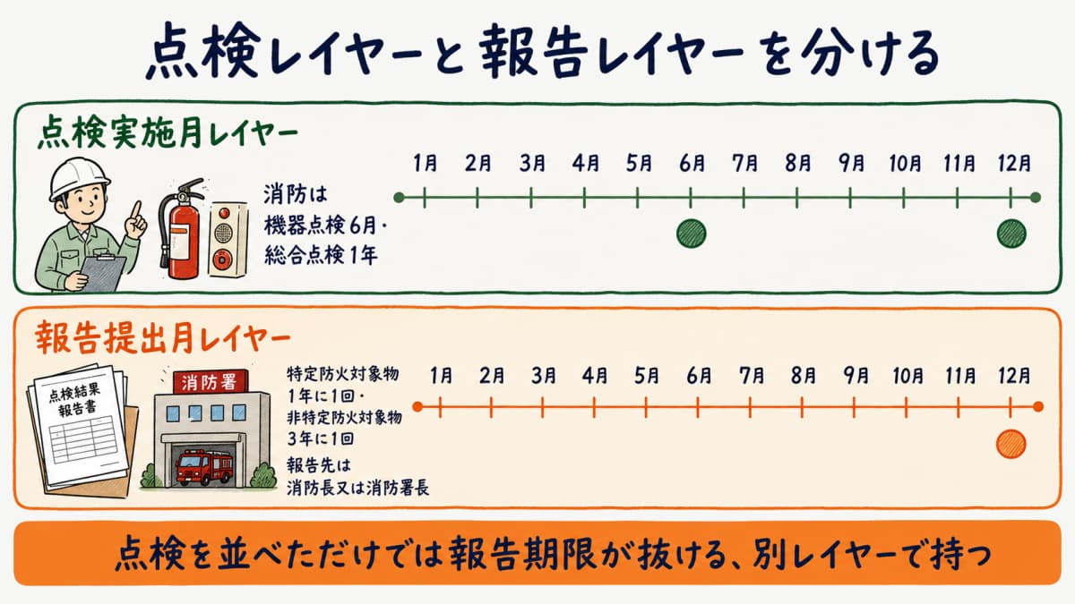 点検の実施月レイヤーと報告の提出月レイヤーを分けて配置する年間点検計画書の書き分けを示した図