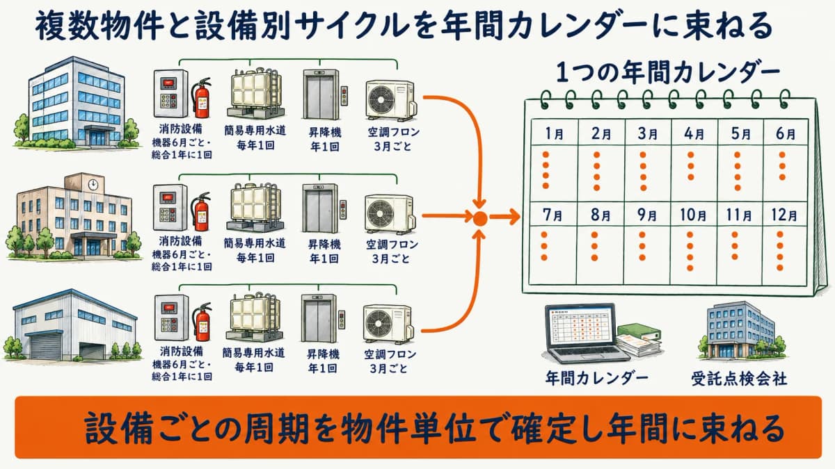 複数物件と設備別サイクルを1つの年間カレンダーに束ねる受託点検会社の運用全体像を示した図