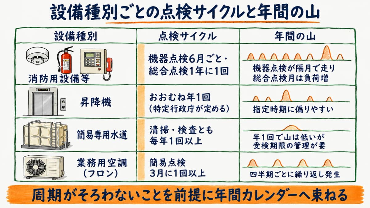 設備種別ごとの点検サイクルと年間の山と年間カレンダーへの束ね方を整理した早見表の図