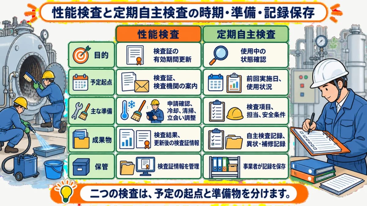 性能検査と定期自主検査の時期・準備・記録保存の比較図