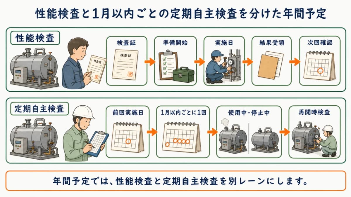 性能検査と1月以内ごとの定期自主検査を分けた年間予定図