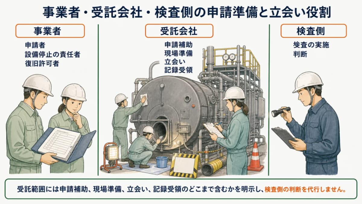 事業者・受託会社・検査側の申請準備と立会い役割図