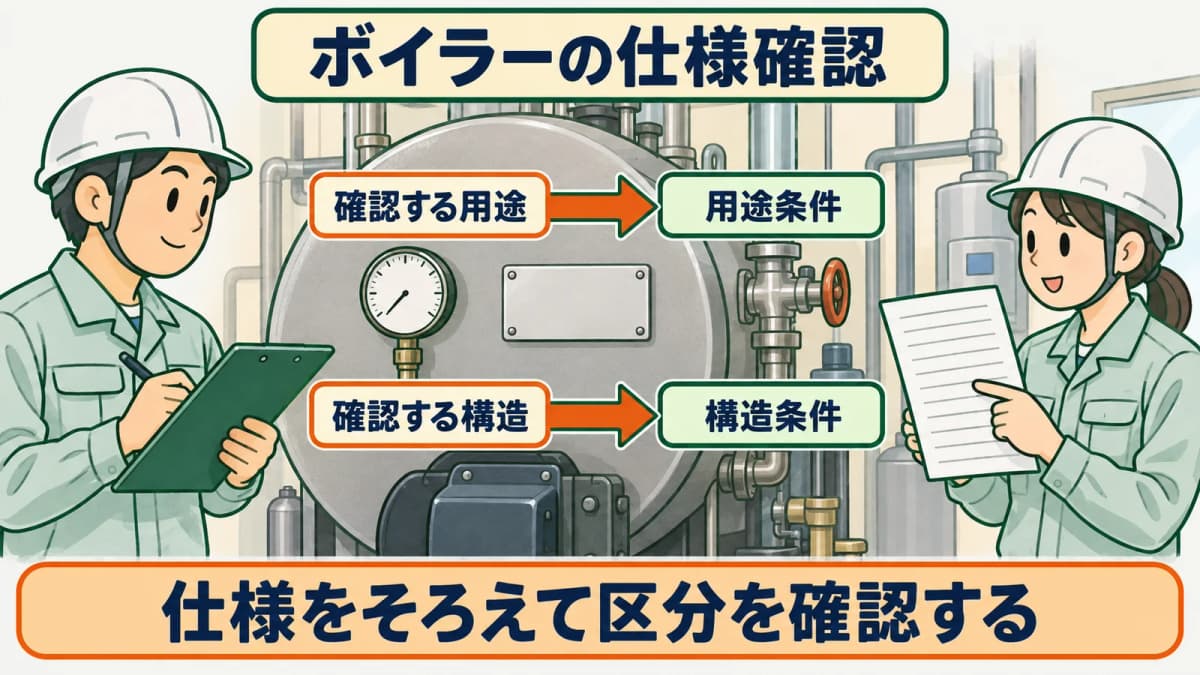 ボイラーの用途と圧力と伝熱面積と構造を確認する図