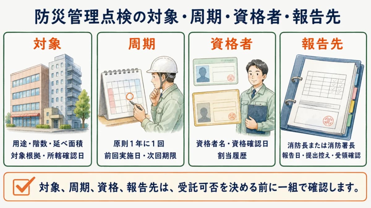 防災管理点検の対象・原則年1回・資格者・報告先の早見図