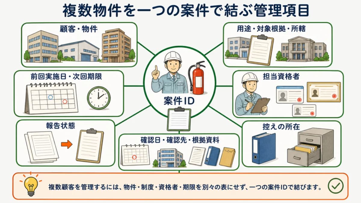 複数物件の制度・資格者・期限・証跡を一つの案件で結ぶ管理図