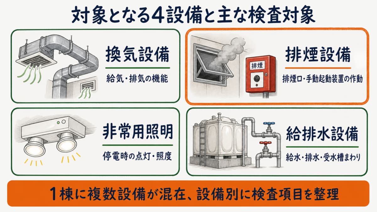 建築設備定期検査の対象となる換気・排煙・非常用照明・給排水の4設備と主な検査対象を並べた早見図