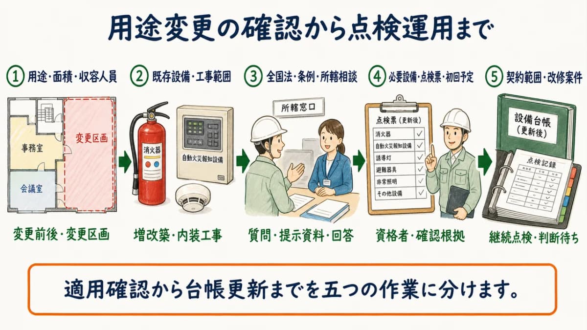 用途変更の事実確認から所轄相談と台帳更新までの全体図