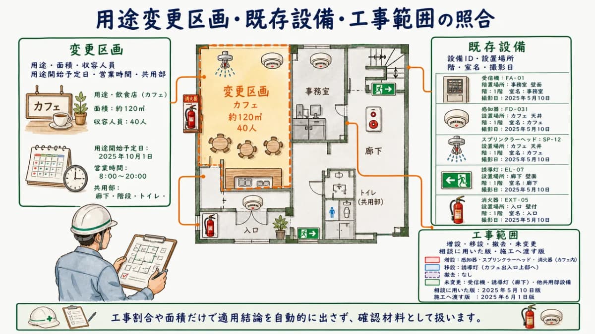 用途変更区画と既存消防設備と工事範囲の照合図