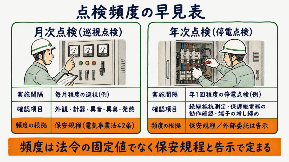 キュービクル点検頻度の早見表として点検区分と実施間隔と根拠と確認項目を並べた図
