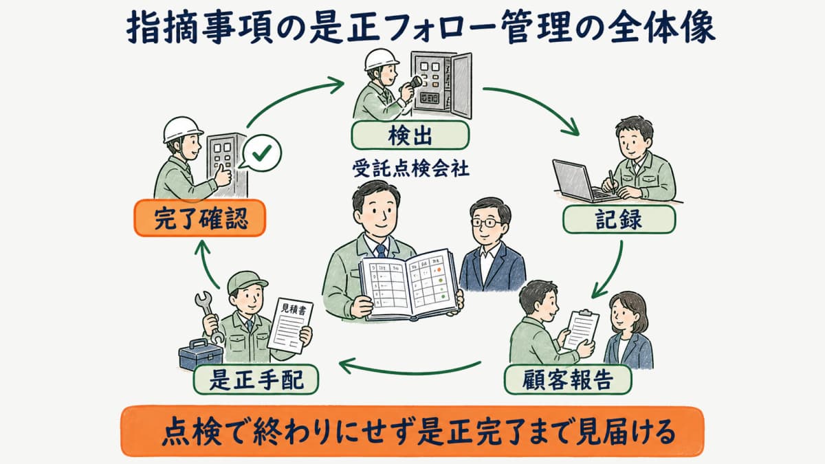 検出から記録・顧客報告・是正手配・完了確認まで指摘事項の是正を見届ける受託点検会社の運用全体像を示した図