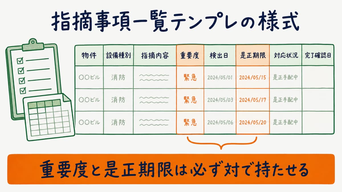 物件や設備種別や重要度や是正期限や対応状況を列に持つ指摘事項一覧テンプレの様式イメージ図
