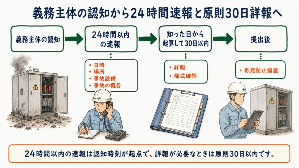 義務主体の認知から24時間速報と原則30日詳報へ進む図
