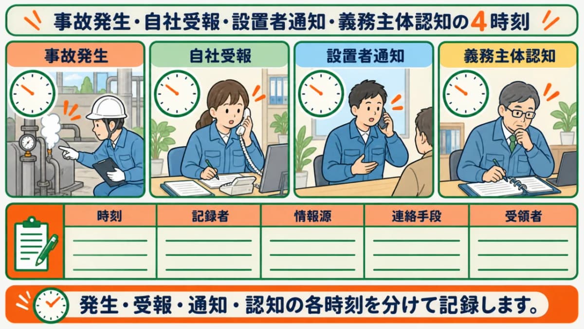 事故発生・自社受報・設置者通知・義務主体認知の4時刻図