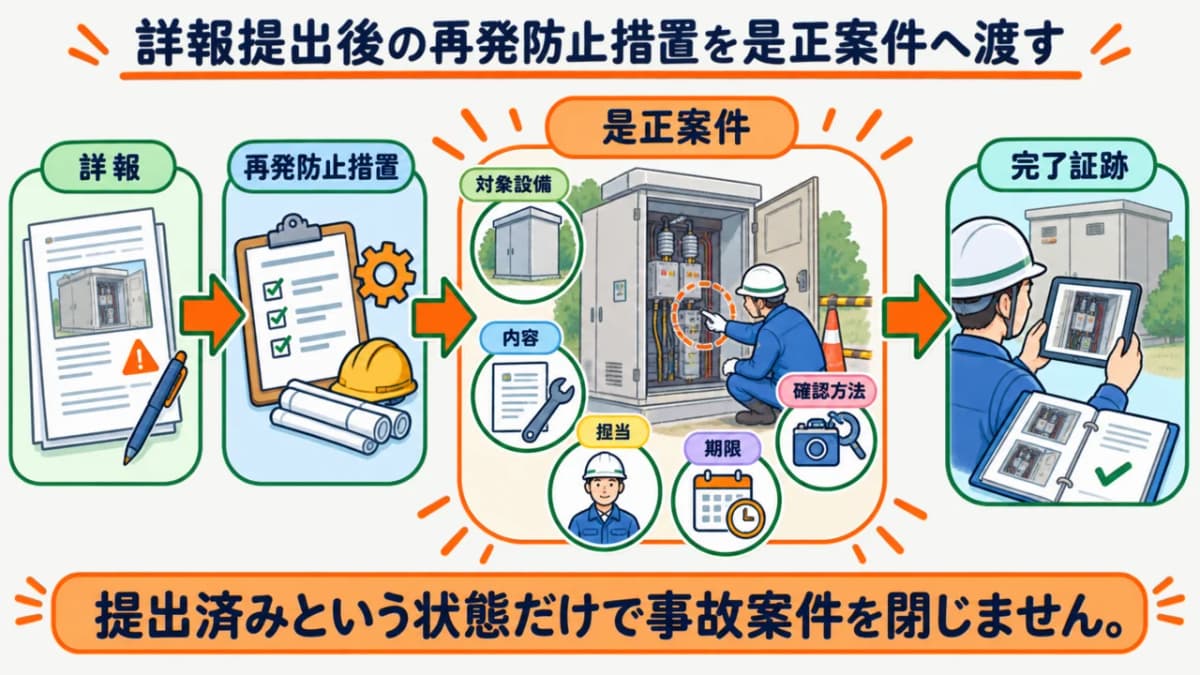 詳報提出後の再発防止措置を是正案件へ渡す図