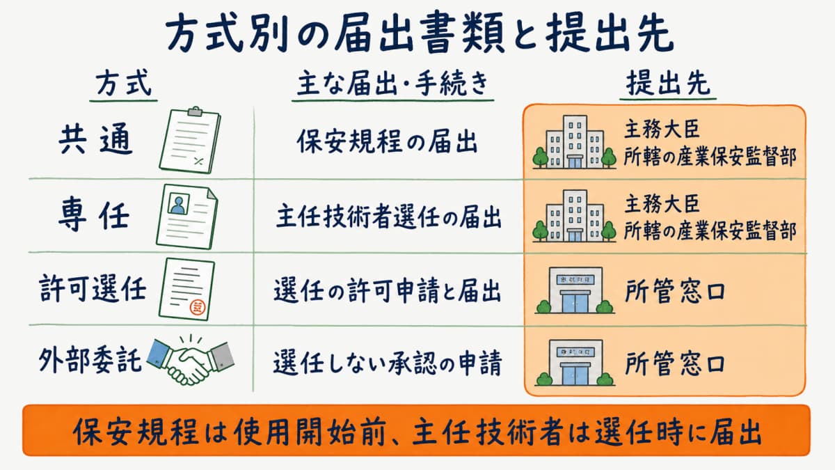 方式別の届出書類と提出先(主務大臣・所轄の産業保安監督部)を整理した早見表