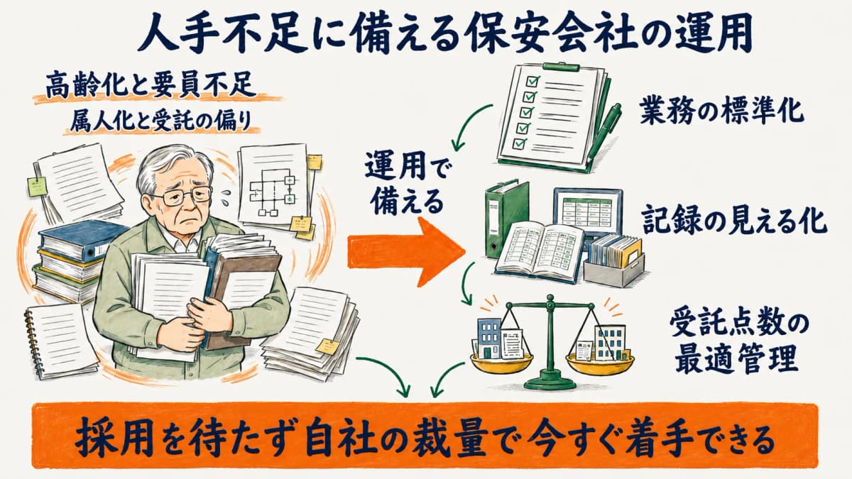 電気主任技術者の高齢化と要員不足に対し保安会社が標準化と見える化と点数最適化で備える運用の全体像を示した図
