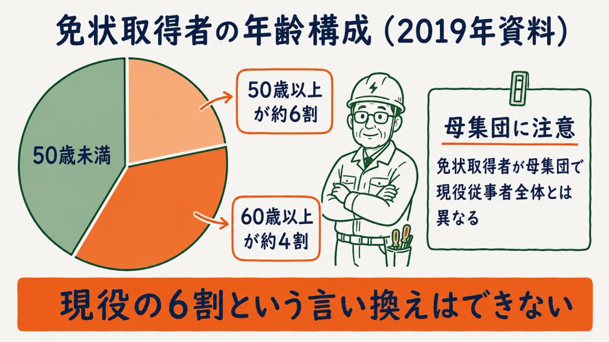 免状取得者を母集団とした電気主任技術者の年齢構成と高齢化の傾向を整理した早見図