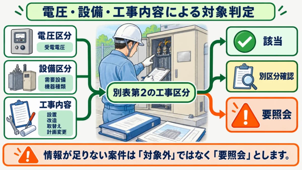 電圧・設備・工事内容から該当・別区分確認・要照会へ分ける図