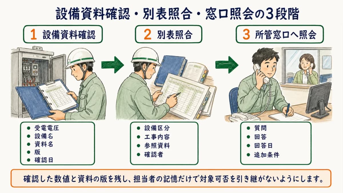 設備資料確認・別表照合・窓口照会の3段階図