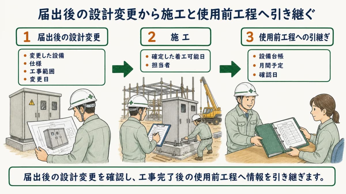 届出後の設計変更から施工と使用前工程へ引き継ぐ図