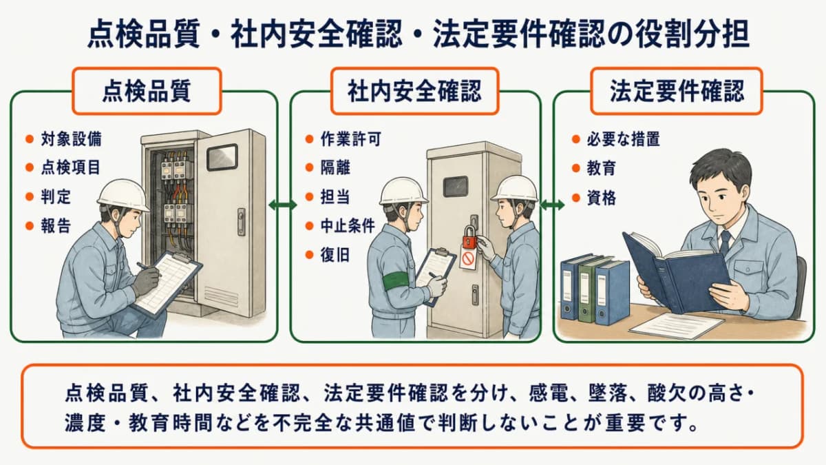 点検品質・社内安全確認・法定要件確認の役割分担図