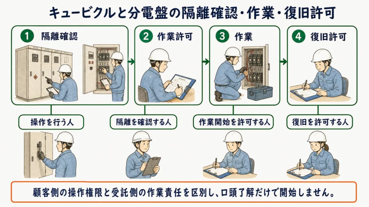 キュービクルと分電盤の隔離確認・作業・復旧許可の流れ図