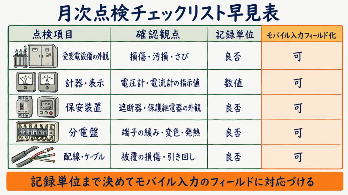 月次点検チェックリストを点検項目・確認観点・記録単位・モバイル入力フィールド化の可否の4列で整理した早見表の図