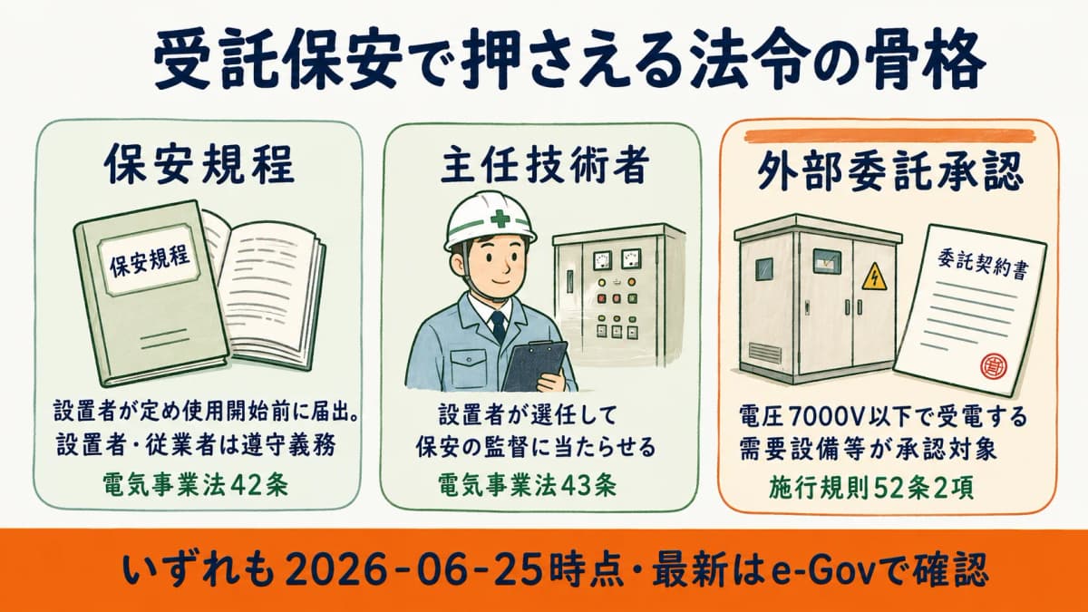 受託保安で押さえる保安規程と主任技術者と外部委託承認の法令の骨格を整理した図