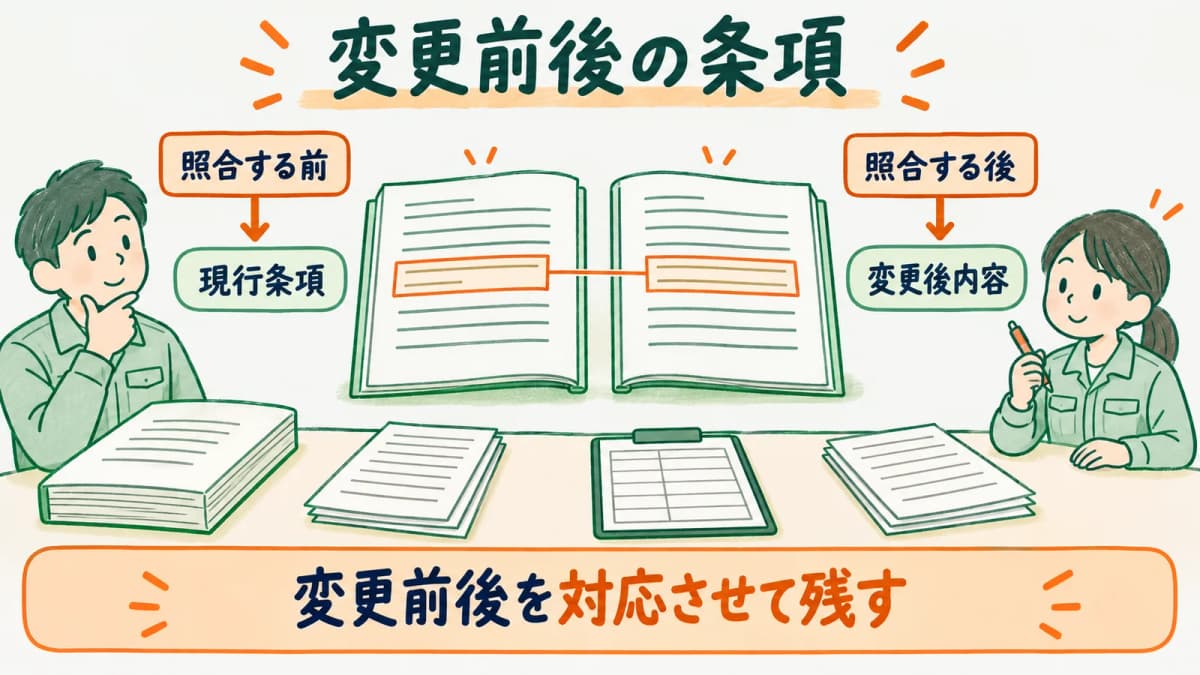 現行の保安規程の条項と変更前後を対応させる図