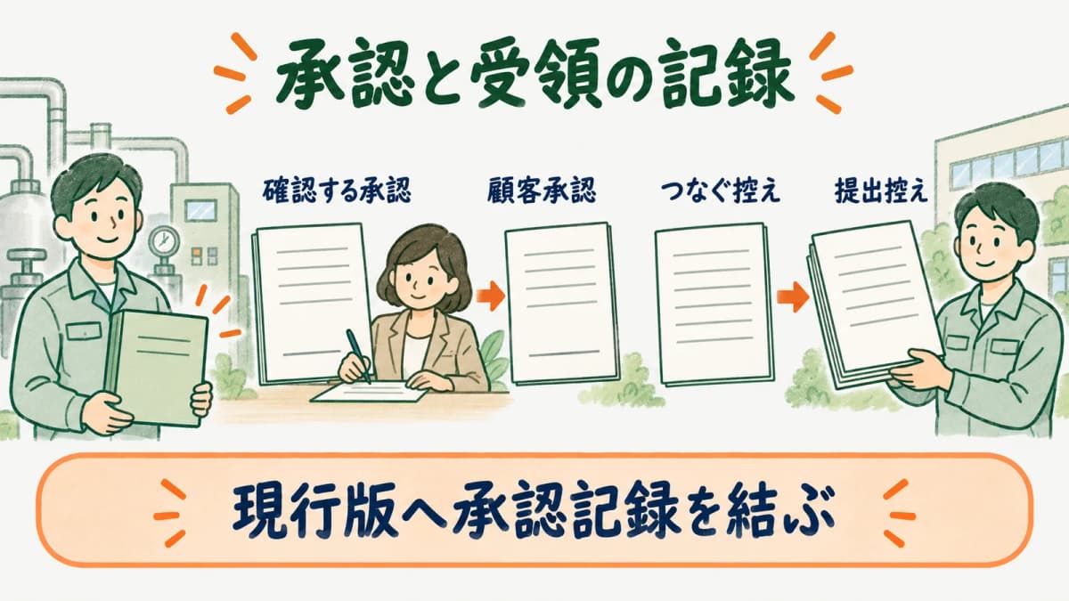 顧客承認と提出控えと受領記録を保安規程の現行版へ結ぶ図