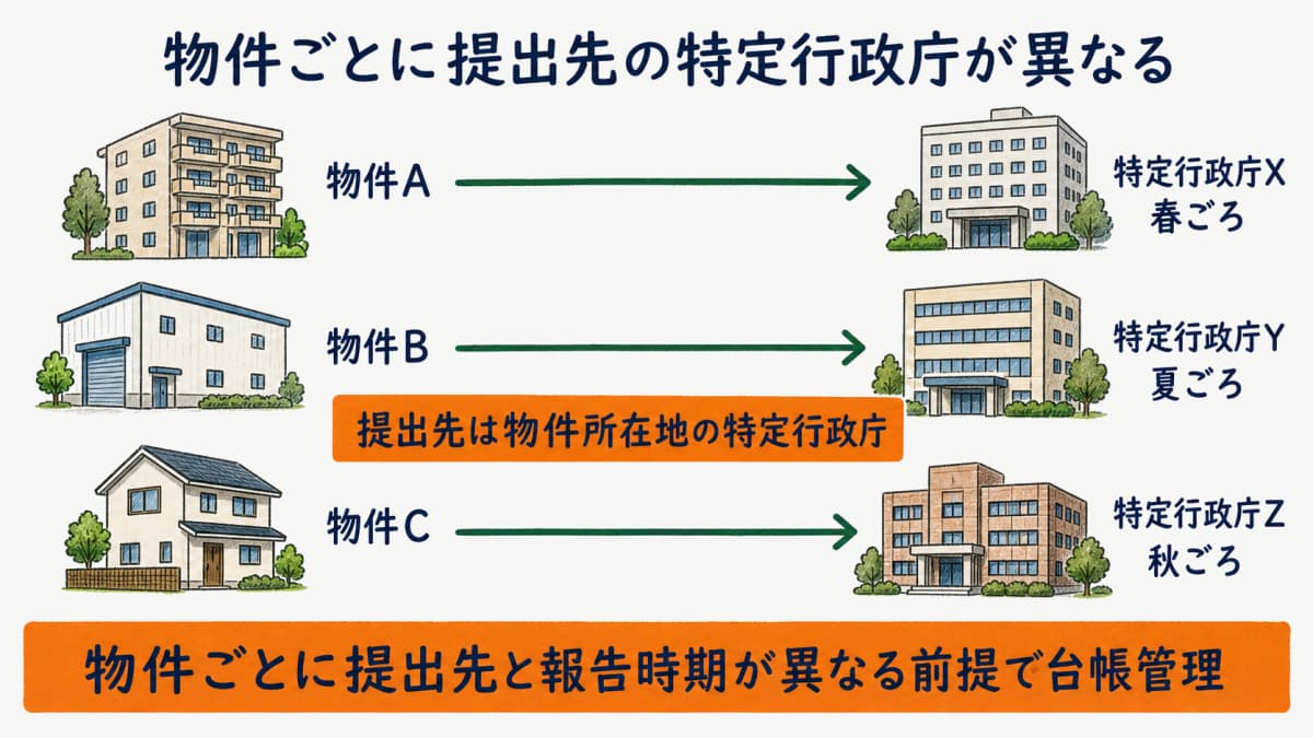 物件所在地ごとに提出先の特定行政庁が異なり複数物件が複数の行政庁へ提出される様子を示した図