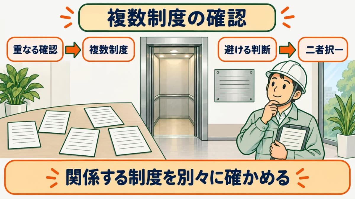 エレベーターの複数制度を二者択一にしない確認図