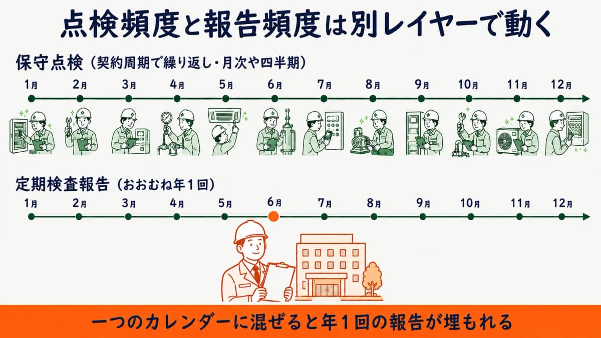 昇降機の保守点検が毎月で定期検査報告が年1回であることを時間軸で示し点検頻度と報告頻度の違いを表した図