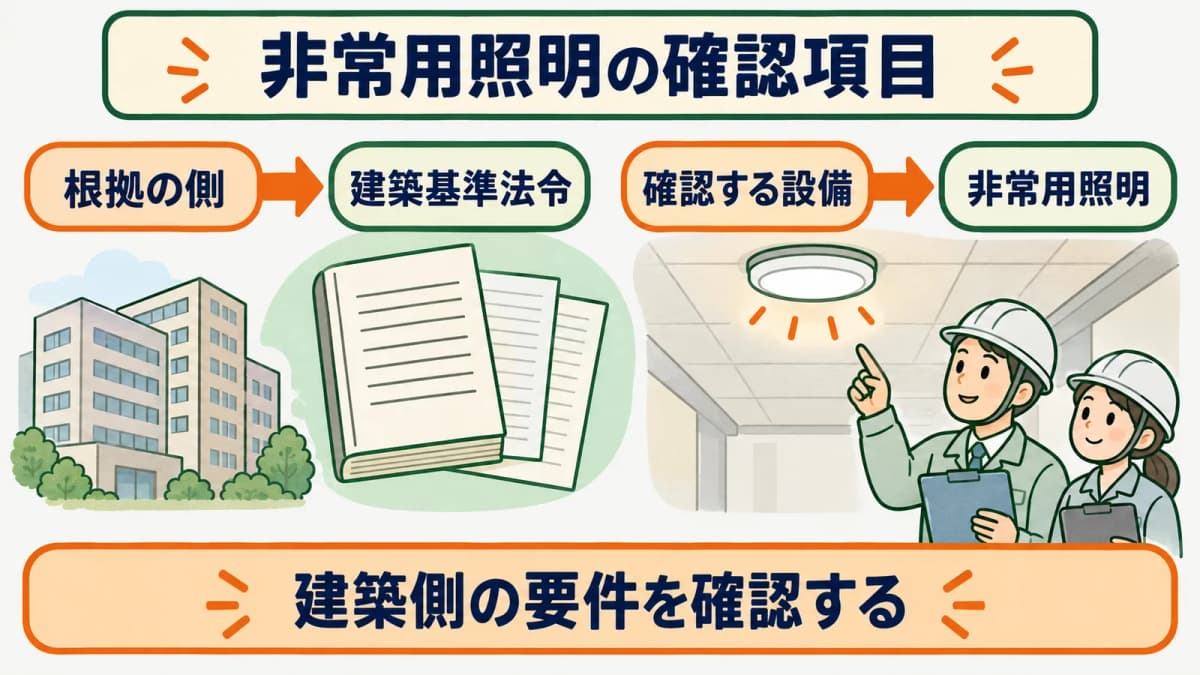 非常用照明を建築基準法令側の確認項目に分ける図