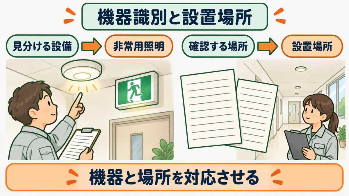 非常用照明と誘導灯を機器識別と設置場所で特定する図