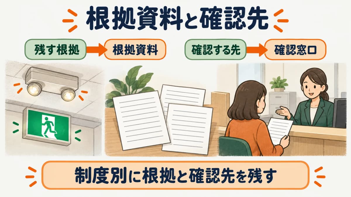 非常用照明と誘導灯の根拠資料と確認先と確認日を分ける図