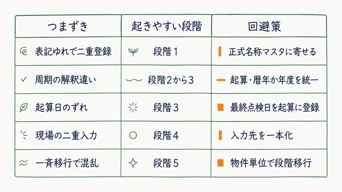 移行のつまずきと回避策の対比表
