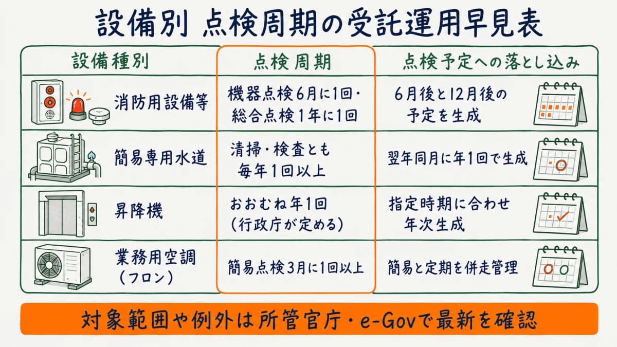 設備種別ごとの点検周期と点検予定への落とし込み方と期限超過時の運用を整理した受託運用の早見表の図