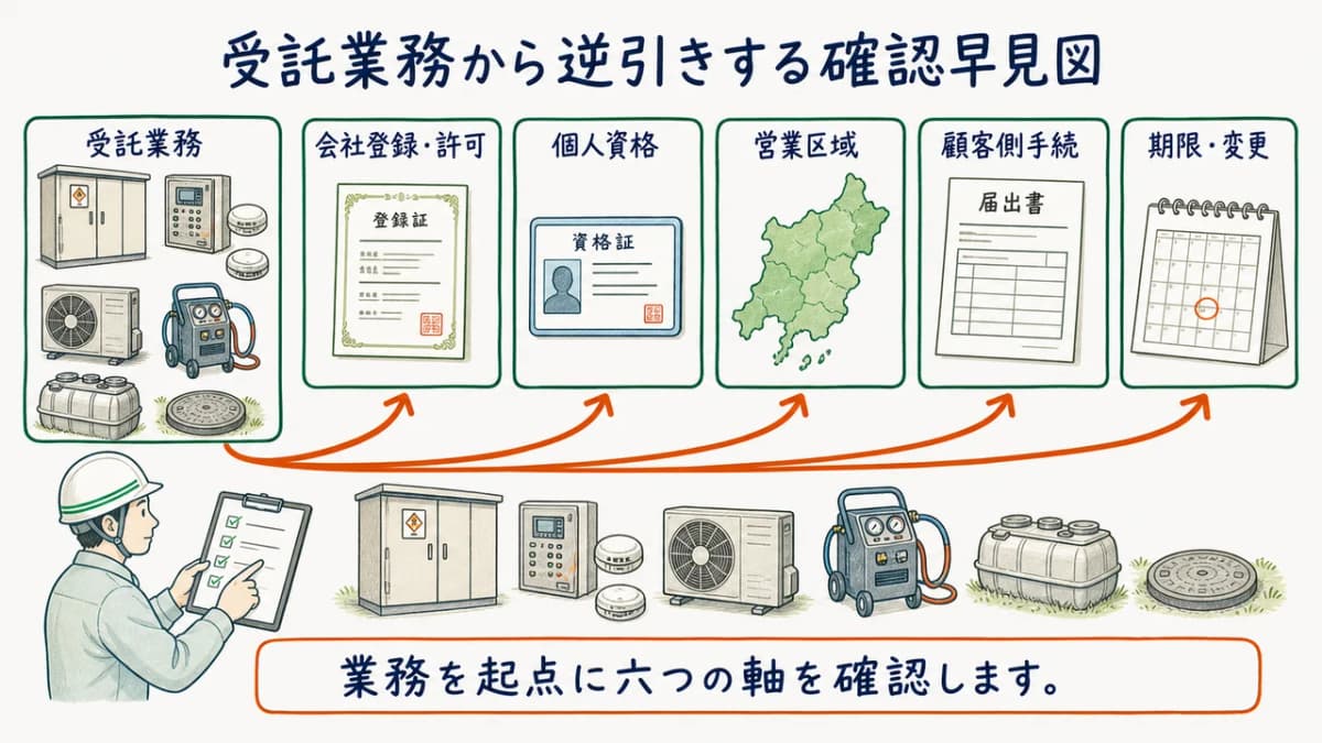 電気・消防・フロン・浄化槽を6つの軸で照合する早見図
