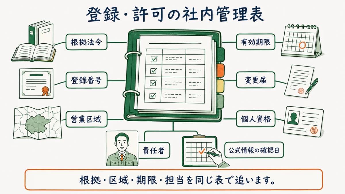 根拠法令・登録番号・区域・期限・責任者を結ぶ管理表図
