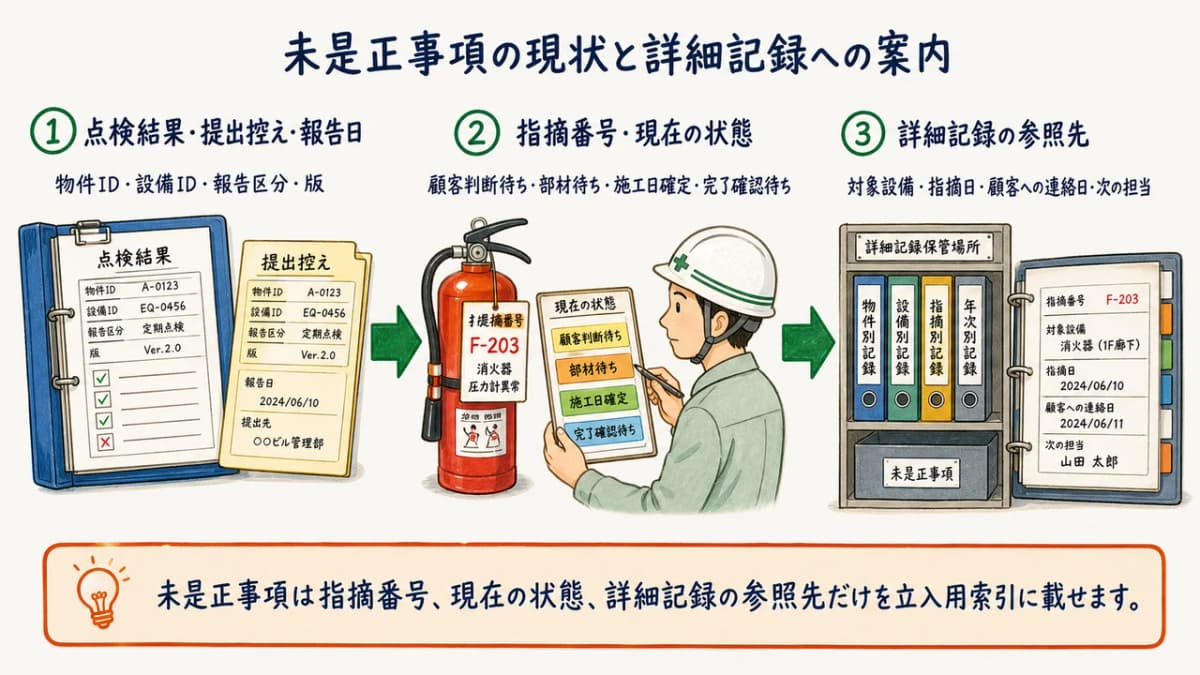 点検結果から未是正事項の現状と詳細記録へ到達する図