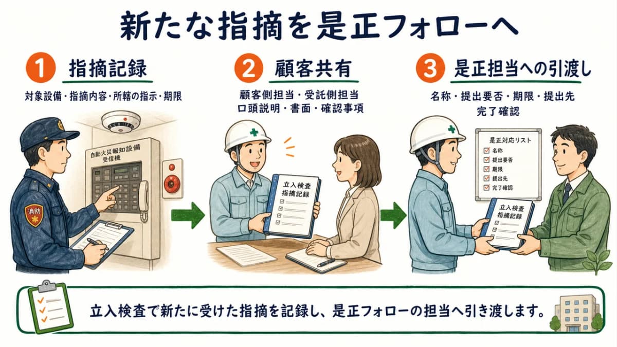 立入検査の新たな指摘を顧客共有と是正担当へ渡す図