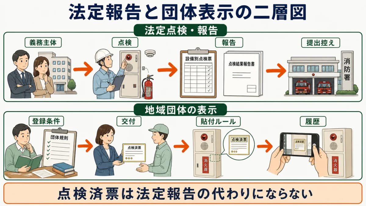 法定報告と団体表示の二層図