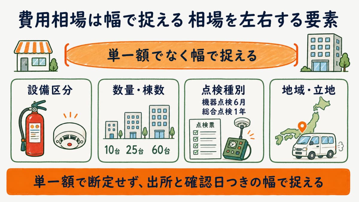消防設備点検の費用相場を単一額でなく幅で捉え相場を左右する要素を整理した早見表の図