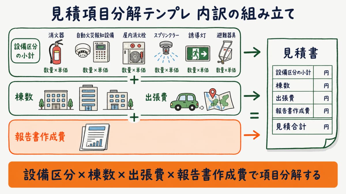 消防設備点検の見積項目を設備区分と棟数と出張費と報告書作成費に分解した内訳テンプレの図