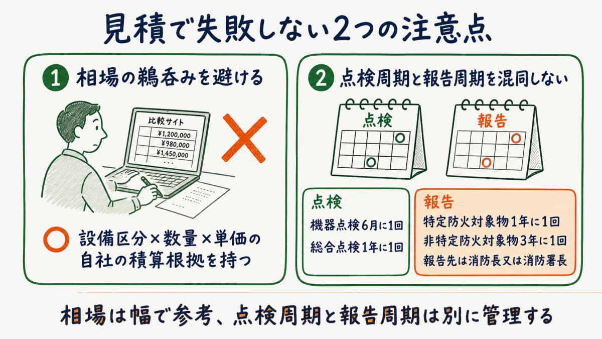 見積で失敗しないため相場の鵜呑み回避と点検周期と報告周期の混同回避を対比した図