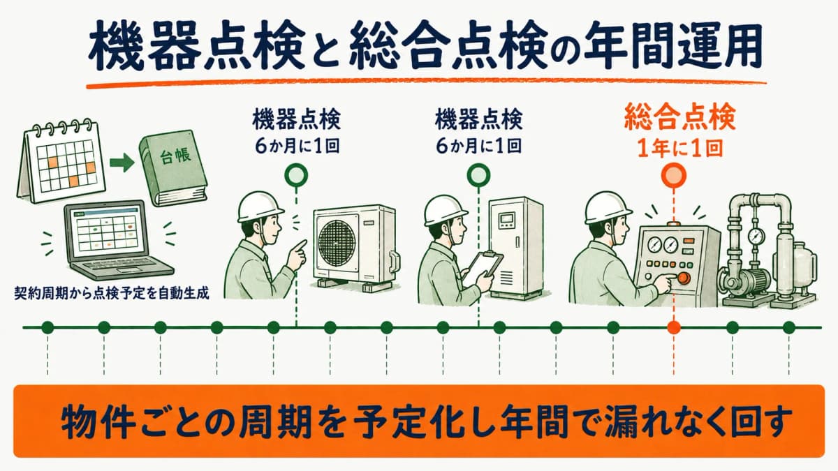 機器点検(6か月に1回)と総合点検(1年に1回)を受託会社が年間で予定化するタイムライン図