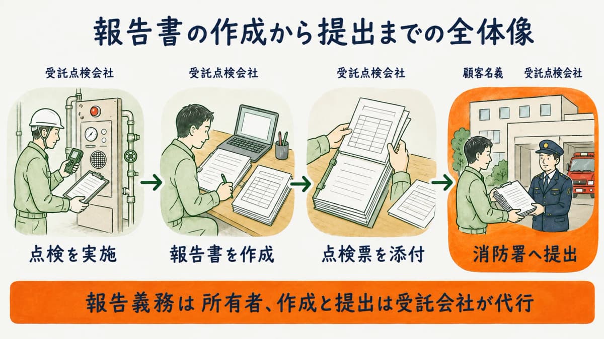 消防用設備等点検結果報告書の作成から消防署への提出までの全体像を受託点検会社の代行視点で示した図